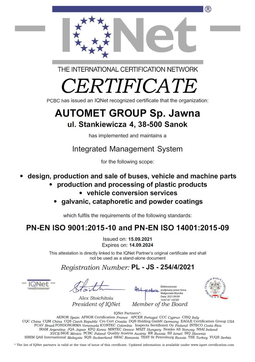 Certyfikat IQNet 2021
