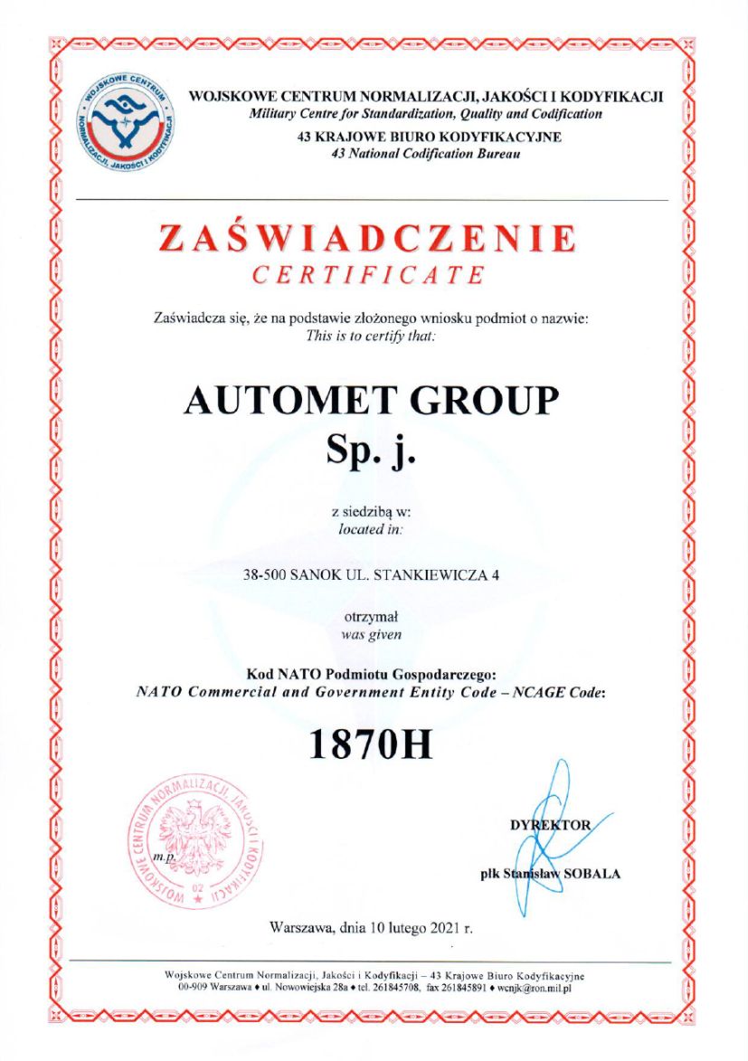 Certyfikat NCAG Automet Group 2021